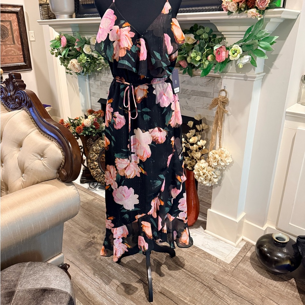 Jennifer Lopez Black Dress with Pink and Orange Floral Print